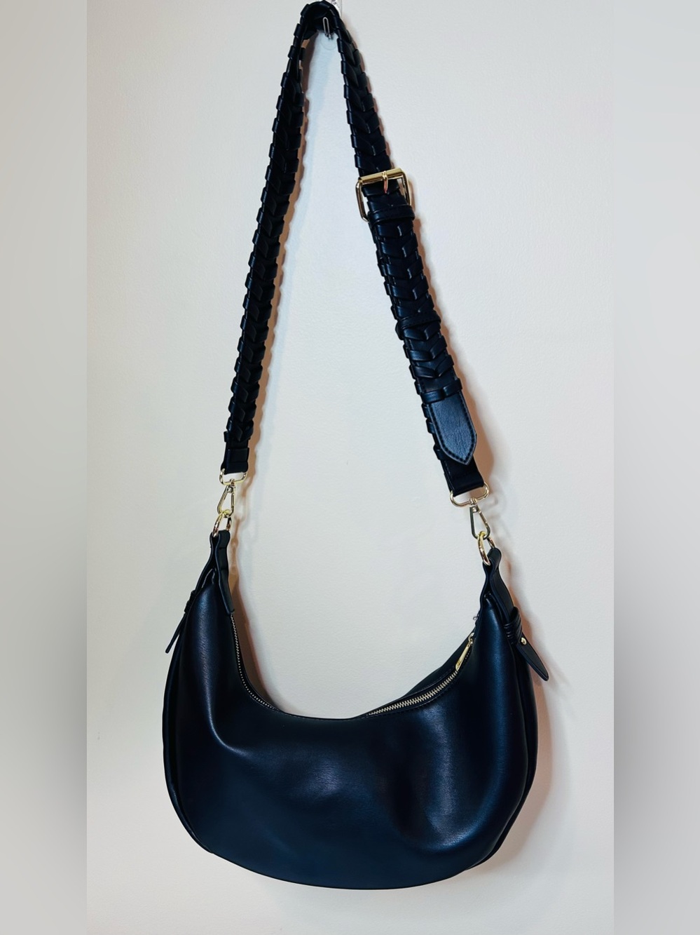 Jules Kae Zola Crescent Hobo Bag Featuring Distinctive Braided Strap Matt Black
